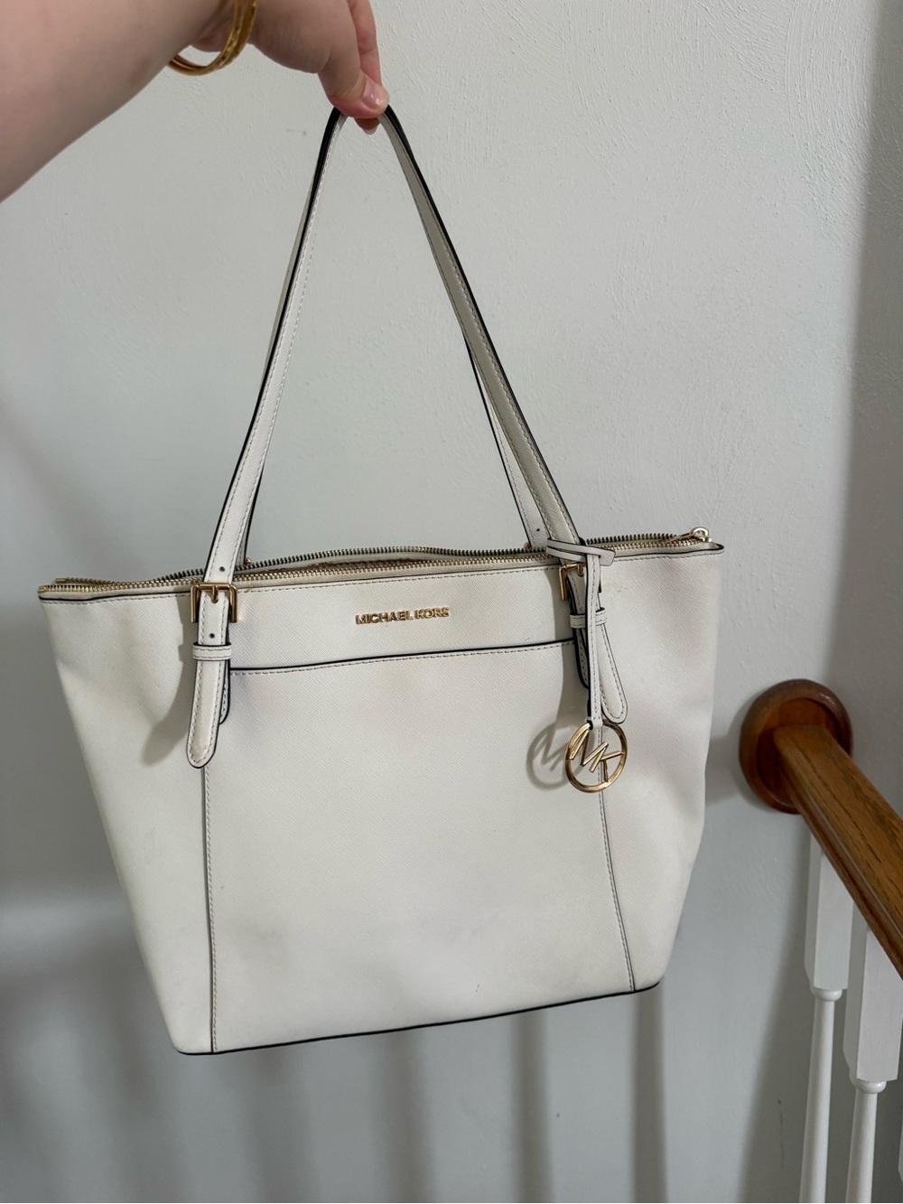Michael Kors Cream Leather Tote with Gold Logo Charm